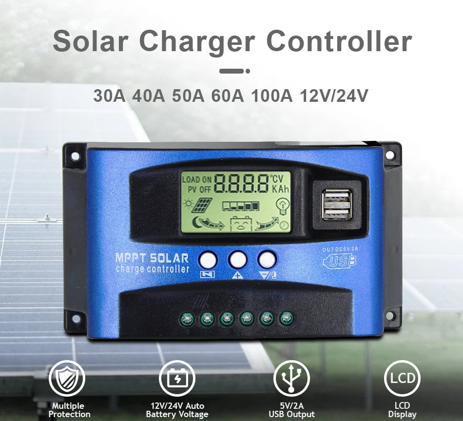 10A-100A MPPT Solar Controller, MPPT Solar Charger Controller with 10A-100A capacity, LCD display, and dual USB ports for safe battery charging.