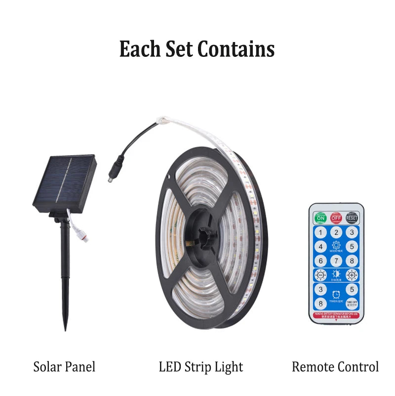 Solar LED Strip Light, Set includes solar panel-powered LED strip light with remote control for convenient operation.