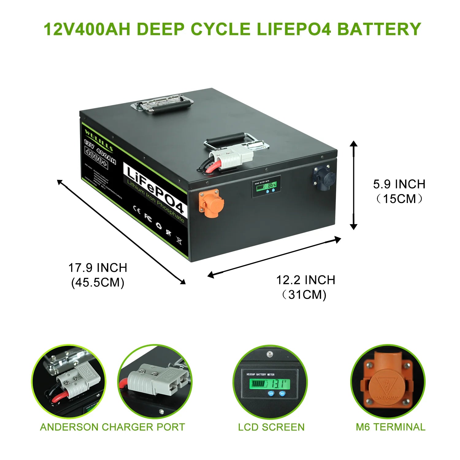 Deep cycle lithium iron phosphate battery with built-in management system for safe energy storage.