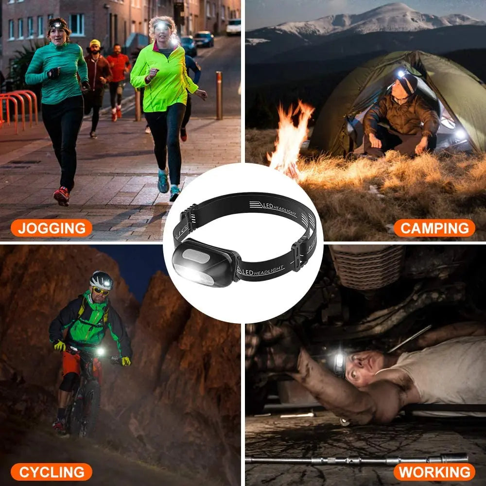 5 Modes Body Motion Sensor Headlight, Outdoor enthusiast's headlamp for jogging, camping, cycling, and working outside; waterproof and rechargeable via USB.