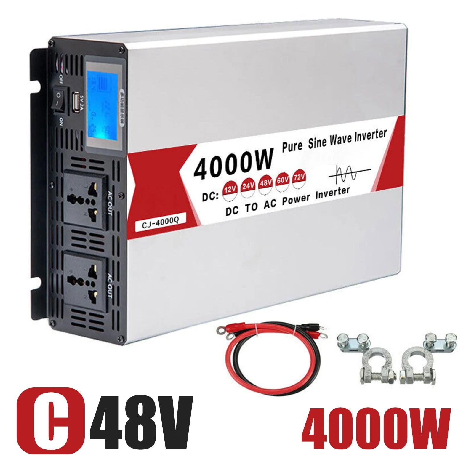 Pure sine wave inverter for 24V DC input with max power output of 4000W.