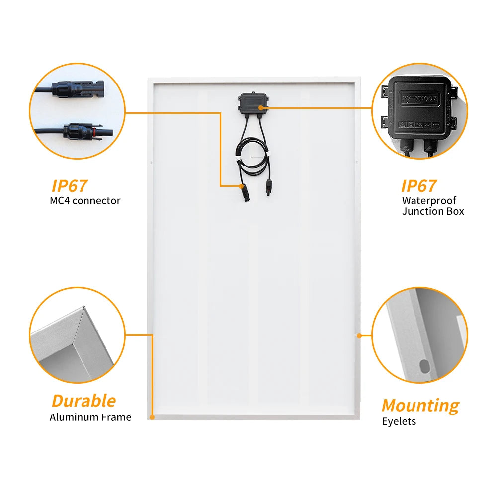 1500w 1000w 800w 600w 400w 200w glass solar panel, Waterproof junction box with MC4 connectors and durable frame for outdoor use.