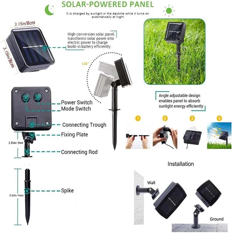 Solar Outdoor LED  Light, Solar-powered panel charges lights with adjustable angle and power switch.