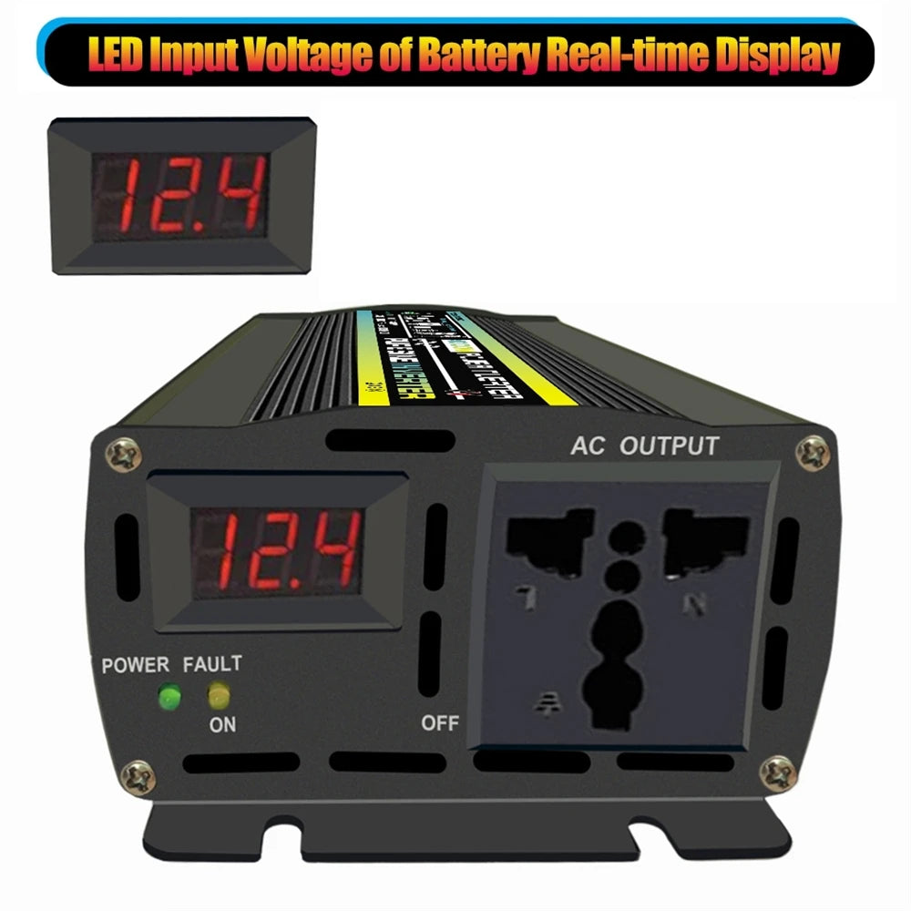 Pure Sine Wave Inverter, Real-time battery voltage display with LED indicator, alerts to AC output power faults (ON/OFF)