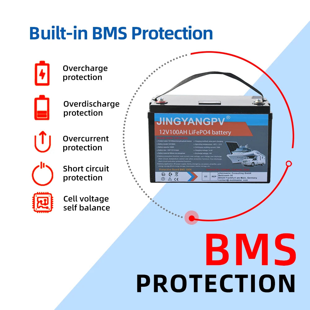 Jingyang 12V 100Ah 200Ah Lithium LiFePO4 Battery, Advanced battery features built-in BMS for safety and reliability in solar power systems.