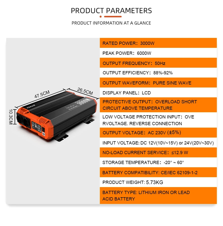 FCHAO 6000W Pure Sine Wave Inverter, Inverter and power converter for auto accessories, with pure sine wave, LCD display, and voltage transformer.