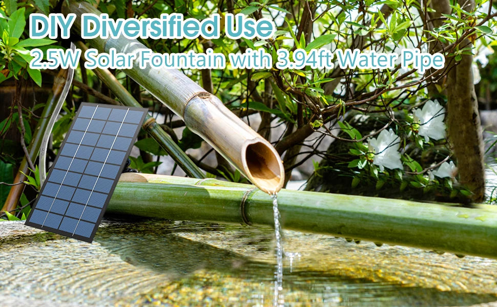 2.5W Solar Fountain, Solar-powered fountain pump for bird baths, ponds, and gardens.