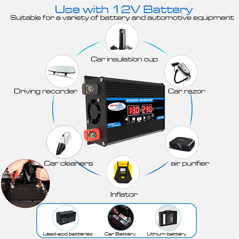 4000W Peak Solar Car Power Inverter, Power equipment for 12V cars: insulators, recorders, razors, tools, and more.