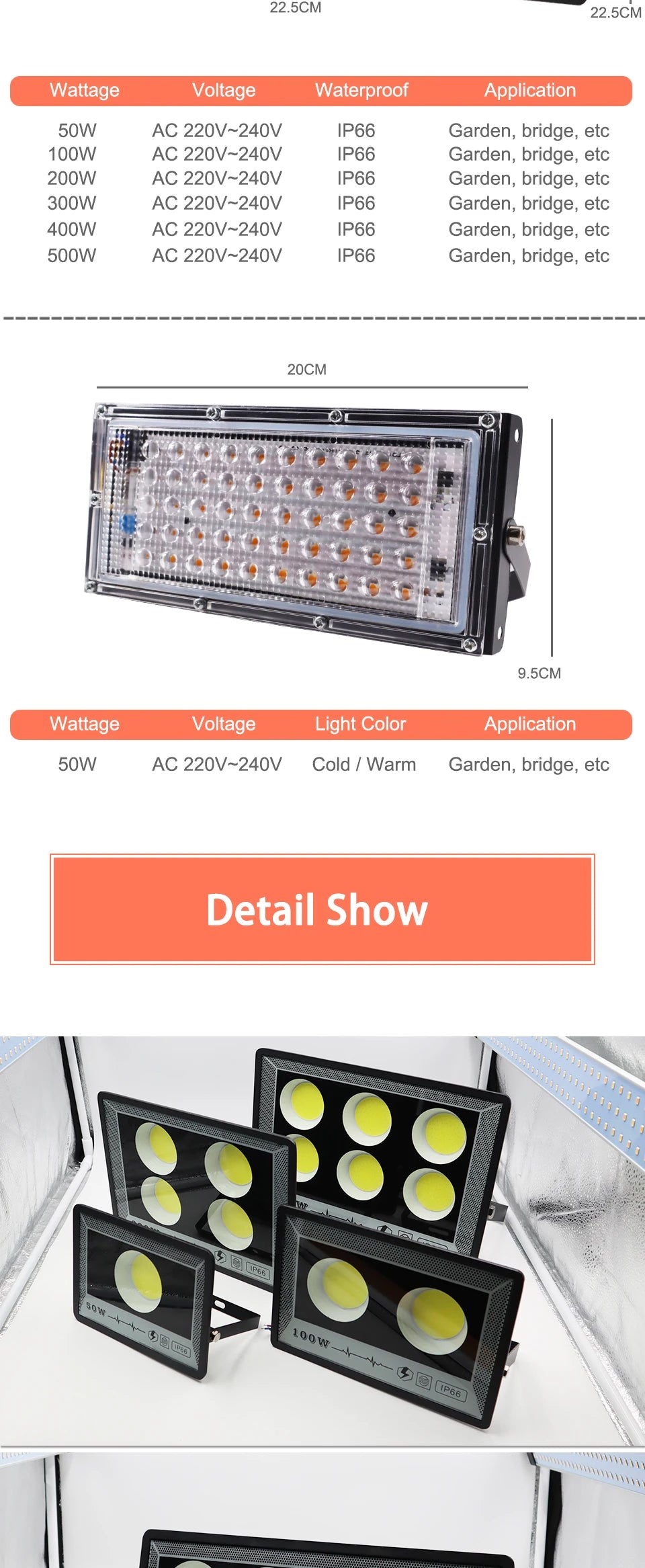 LED FloodLight, Specifications: Outdoor LED light with dimensions 22.5cm x 9.5cm, various wattages, and AC 220V-240V compatibility.