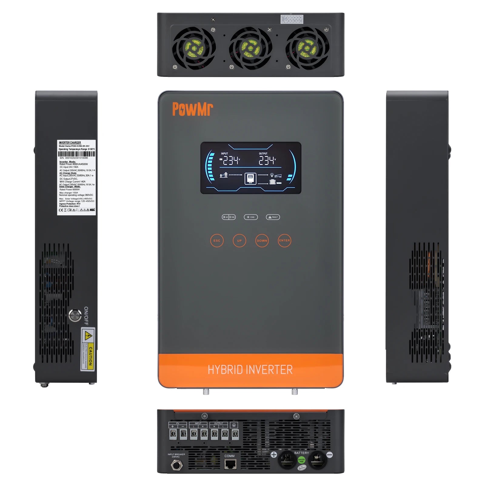 PowMr Solar Inverter, PowMr Solar Hybrid Inverter: Charges batteries from solar panels and converts DC to AC power.