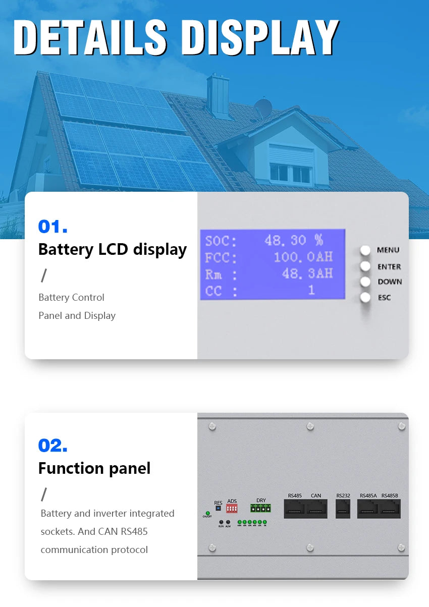 Powerwall LiFePO4 48V 100AH 5KW Battery, Battery control panel with LCD display, remote monitoring, and communication protocols.
