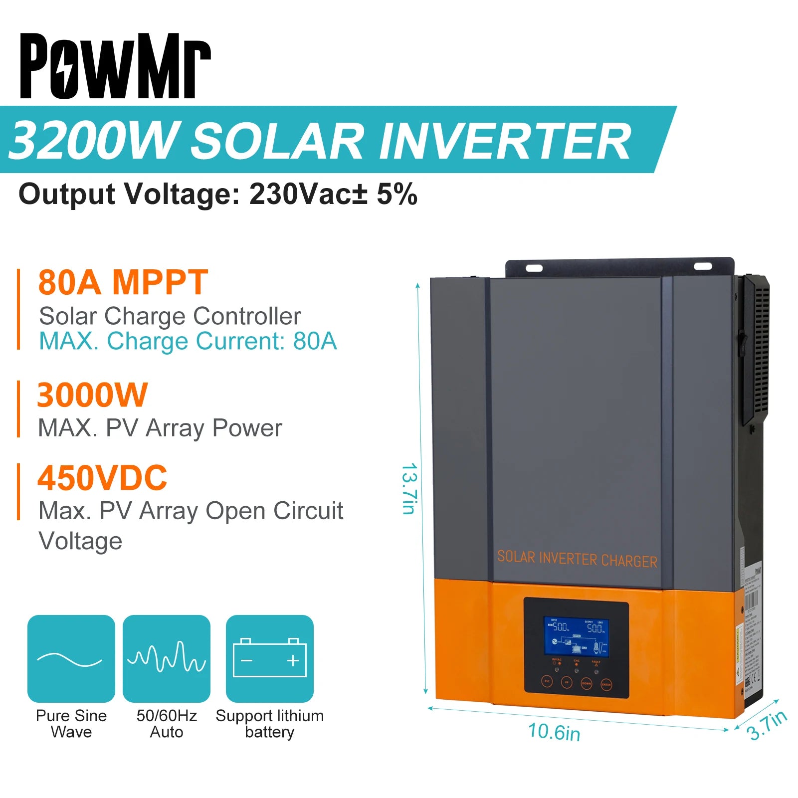 Solar inverter with 3000W output, MPPT controller, and pure sine wave tech for compatible charging.