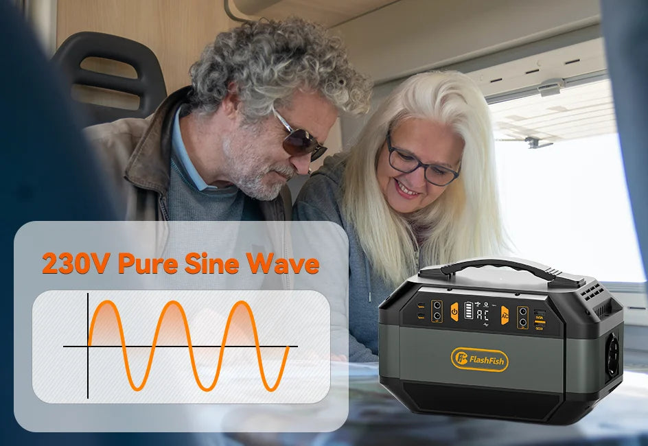 FF Flashfish P56 Solar Generator, Pure sine wave output with a voltage of 230V for stable power supply.