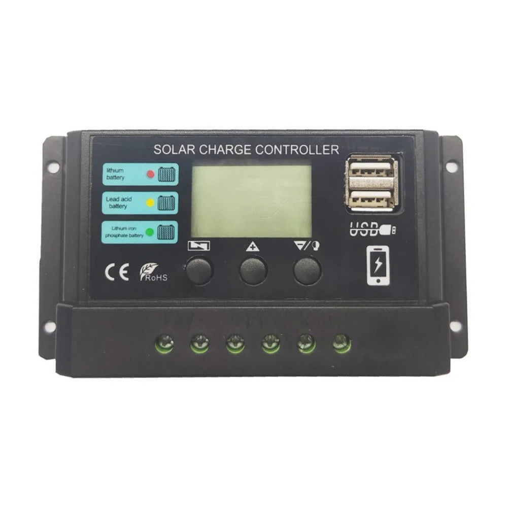 Solar charge controller for lithium, iron phosphate, and lead-acid batteries with USB ports and adjustable PWM.