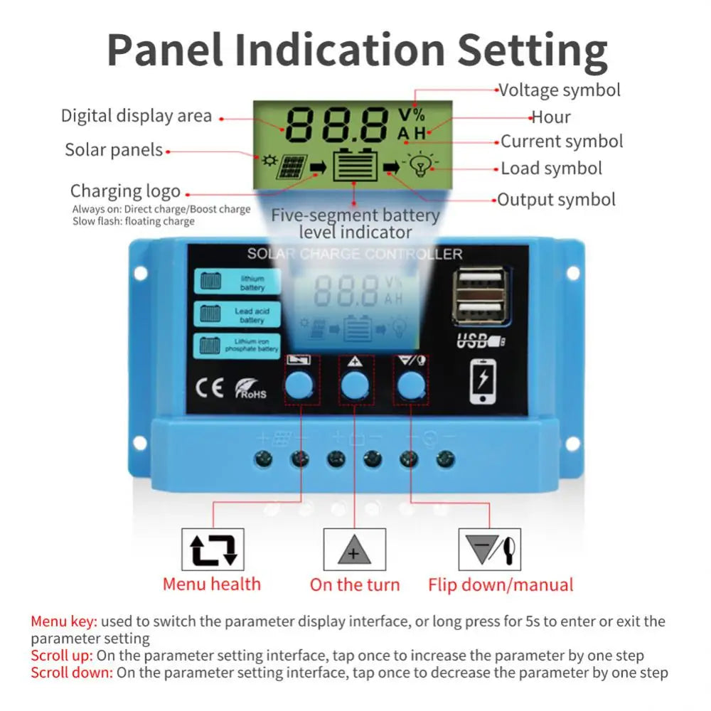 PWM 10A 20A 30A Solar Charge Controller, LCD display panel with voltage meter, counters, battery level indicator, and menu system for solar panel monitoring.