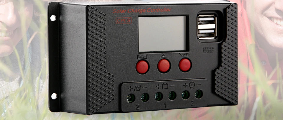 Solar charge/discharge controller with PWM, 10-60A max current, suitable for 12V/24V batteries and solar applications.