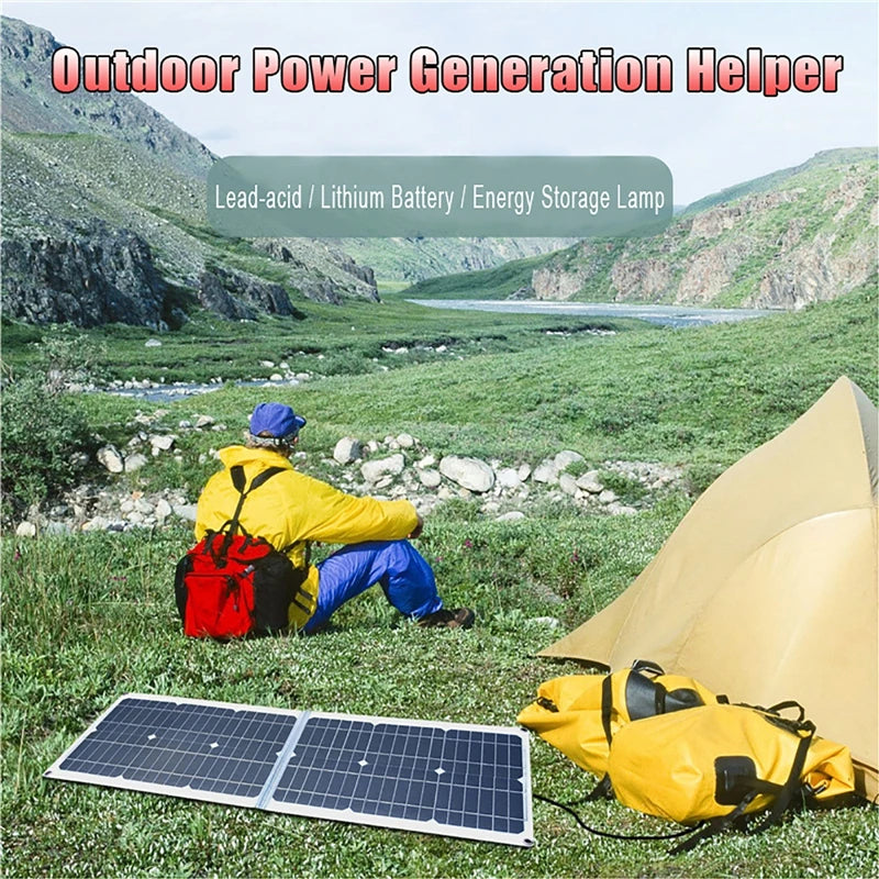 Outdoor power generator with battery storage for lamps.