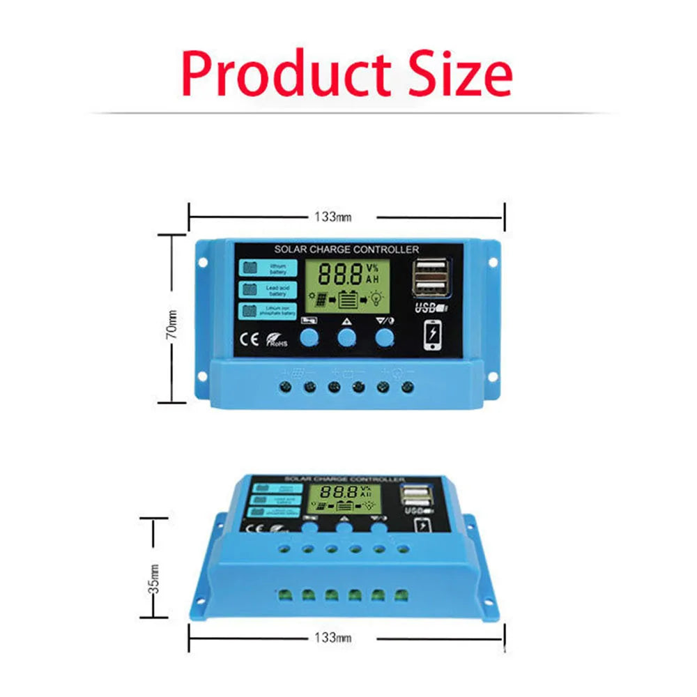 Solar charge controller measures 13.3x10cm, high-efficiency design.