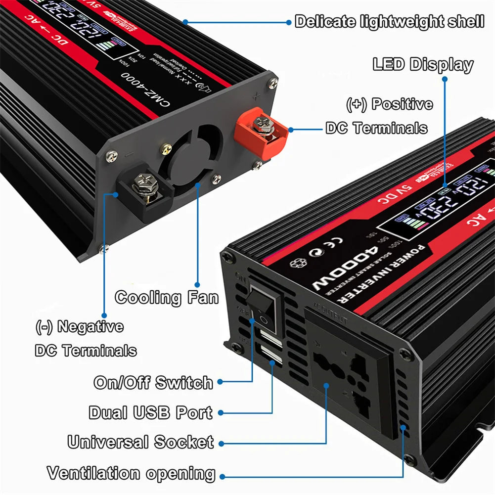 4000W Pure Sine Wave Inverter, Inverter features LED display, USB ports, universal socket, and ventilation openings; dimensions: 455mm x ? mm.
