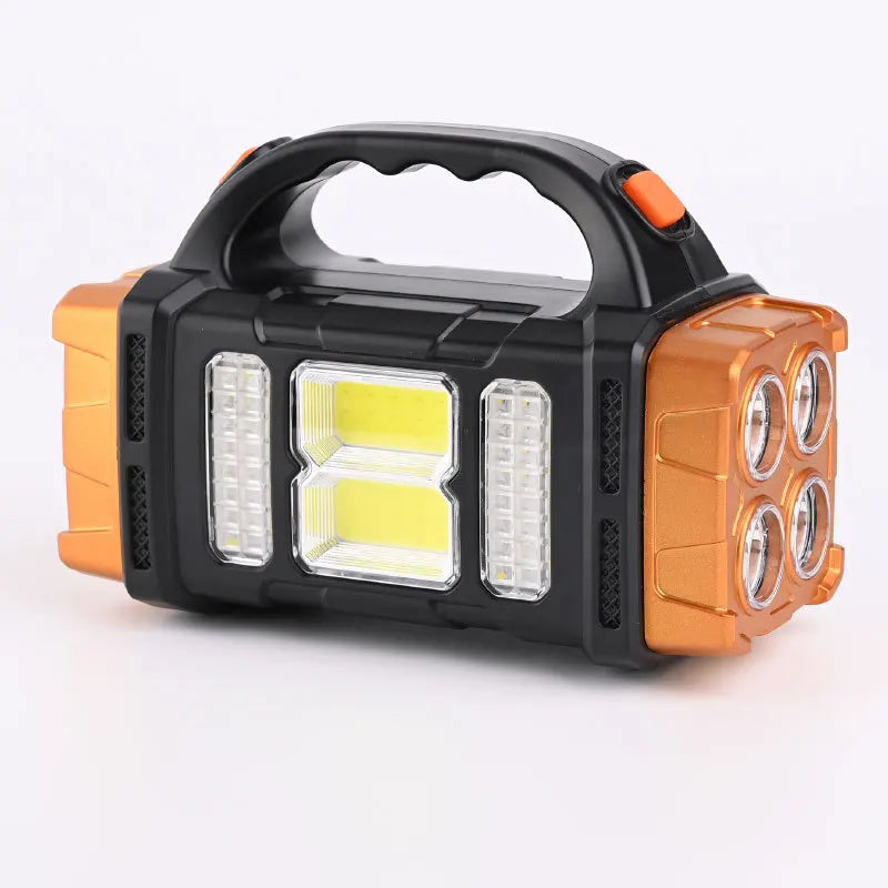 Portable Powerful Solar LED Flashlight, Solar-powered flashlight with dual light sources, water-resistant, and features USB charging and power bank capabilities.