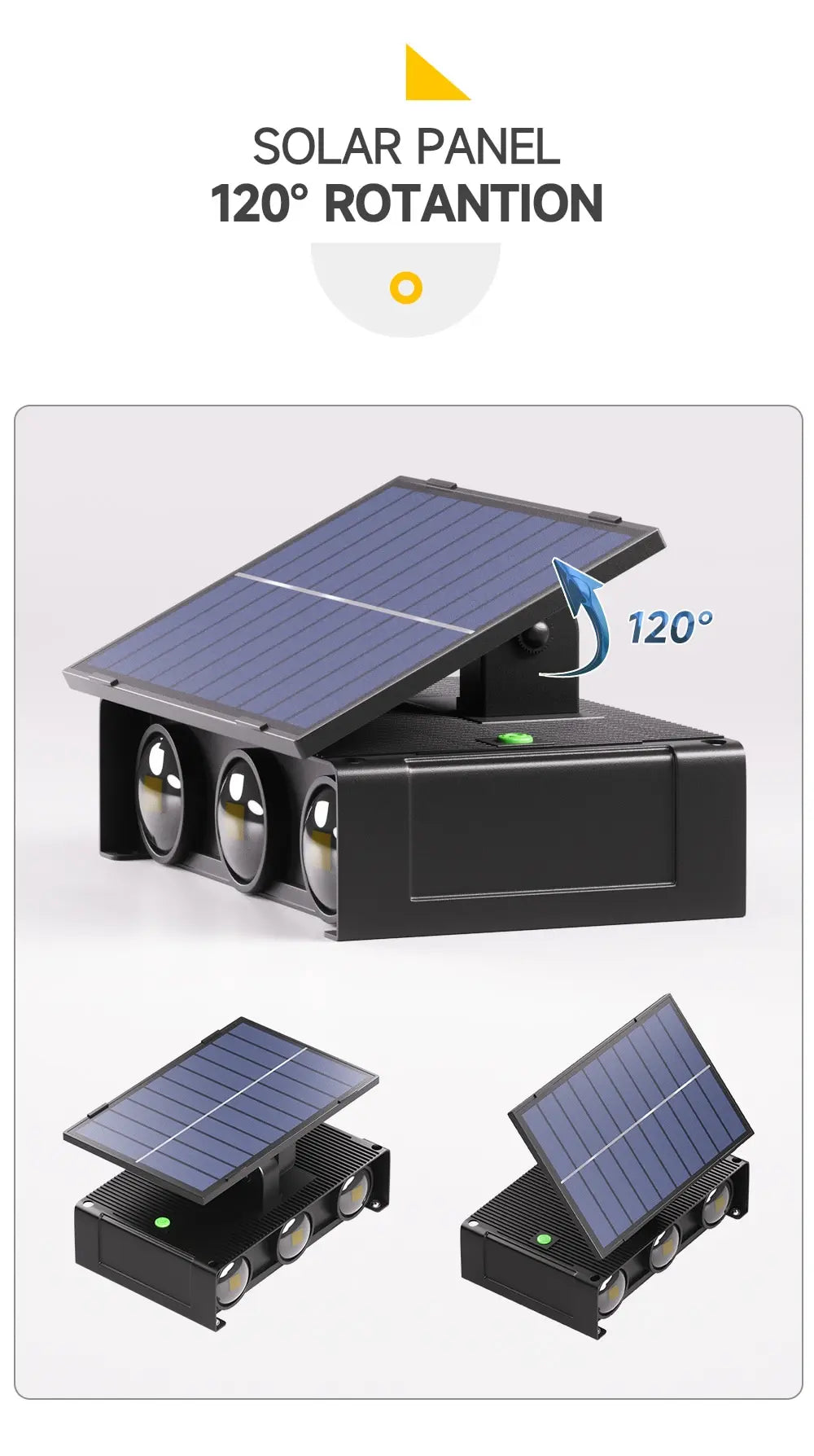 Solar LED Light, Equipped with 1200mAh solar panel and 1200-degree rotation.