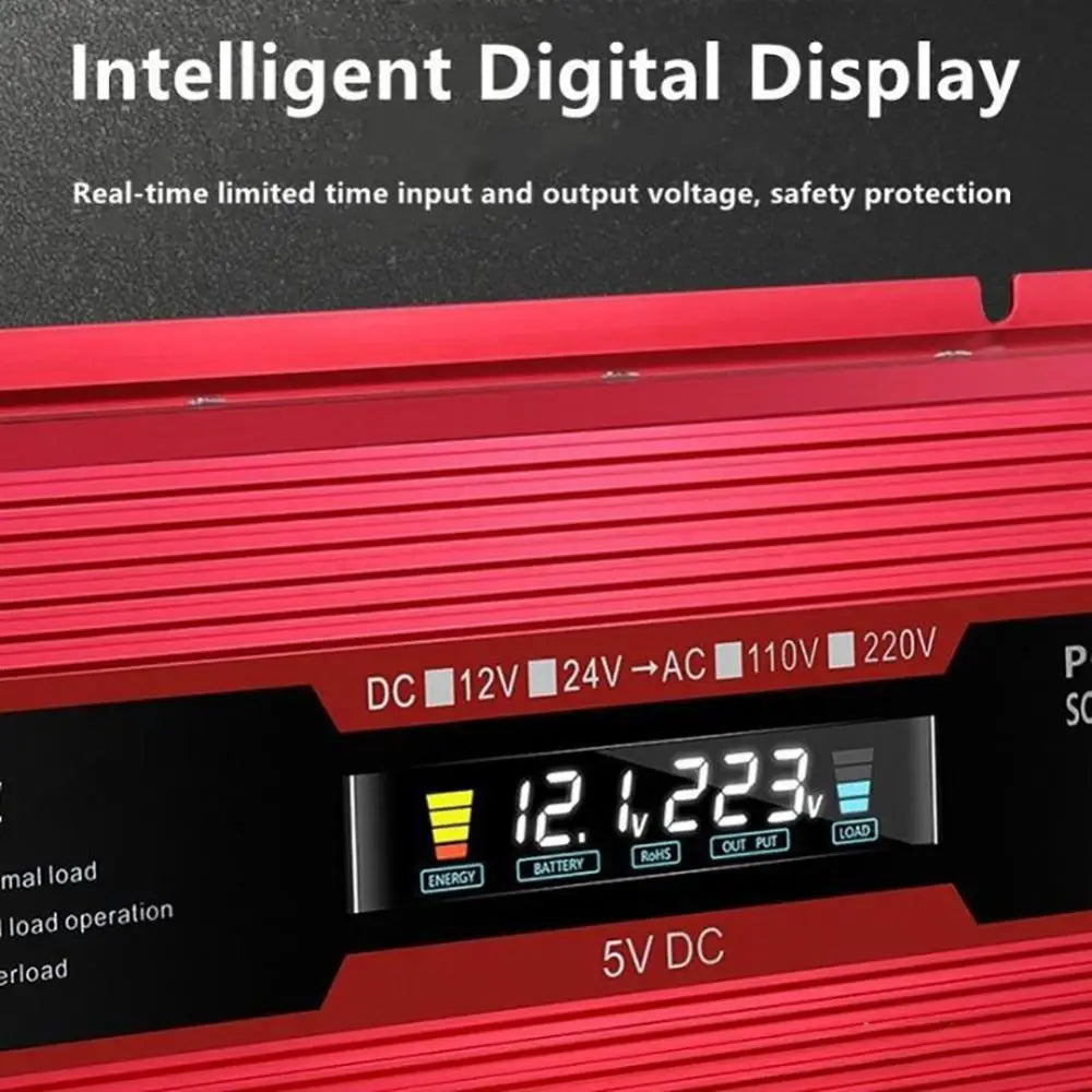 Pure Sine Wave Inverter, Digital display shows output voltage, monitors input/output, and has safety features; works with 12V/24V DC power.