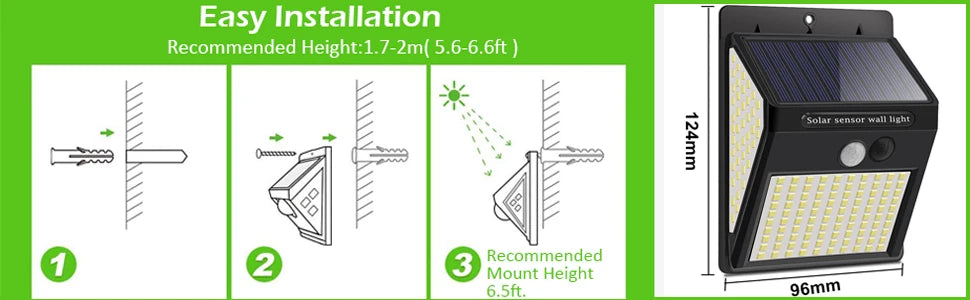230 LED Solar Outdoor Garden Light, Easy installation recommended at heights between 1.7-2 meters (5.6-6.6 feet).