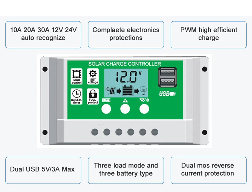 PWM 12V24V 10A20A30A Solar Charge Controller, Solar charge controller with high efficiency, auto-protections, and voltage control for charging batteries.