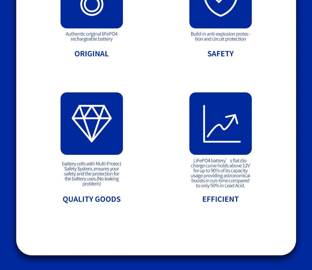 Safe operation with anti-explosion protection and circuit safeguards; high-capacity utilization and efficient recharge.