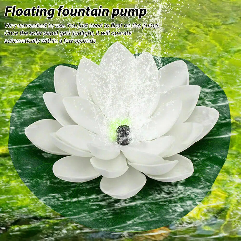 Mini Lotus Solar Water Fountain, Solar-powered pump floats on water, activates automatically with sunlight.
