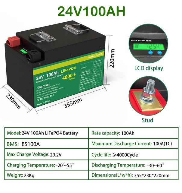 Paquete de batería LiFePO4 24V 5KW - 29.2V 200AH Batería solar de litio 6000+ Ciclos Max 32 Paralelo con RS485 / CAN Com para inversor de 24V