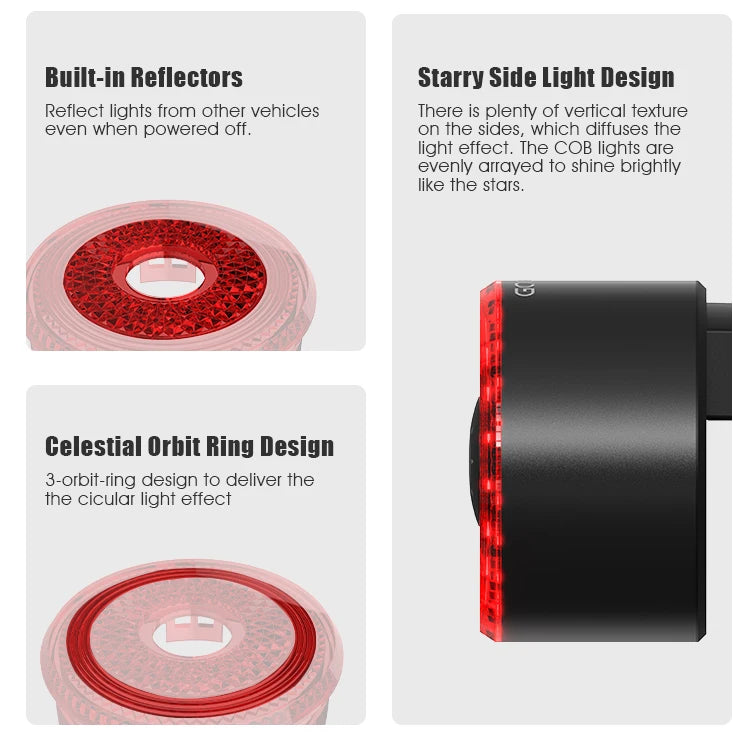 Gaciron LOOP-100 Smart Brake Bike Tail light, Bright LED lights with reflectors and orbiting design for enhanced visibility.