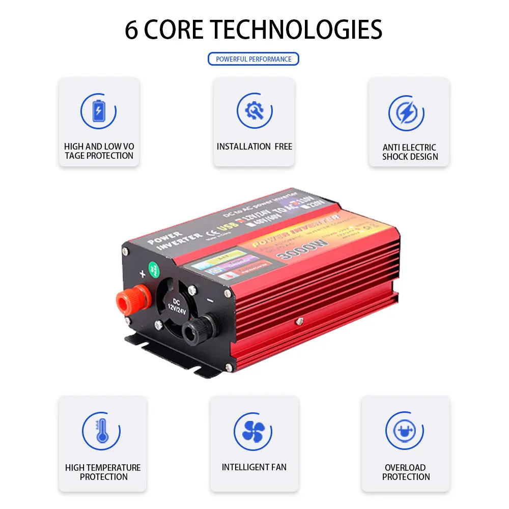 3000W Peak Solar Inverter, High-performance solar inverter with advanced features like shock protection and temperature control.