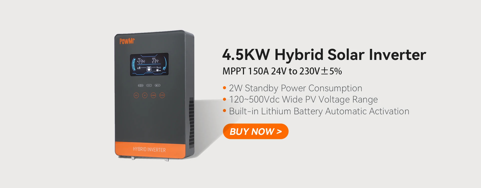 PowMr 2.4KW Hybrid Inverter, PowMr's hybrid solar inverter: MPPT, charging, pure sine wave output, 24V input, 230VAC output.