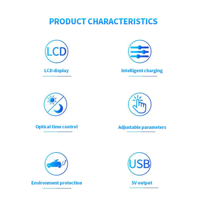 10A 20A 30A PWM Solar Charge Controller, LCD display, smart charging, timer, adjustable settings, and environmental protection features.