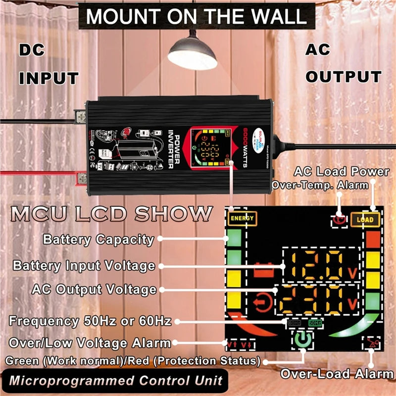 12V to 110V/220V Solar Panel, Solar panel system with 18V battery controller, 6000W inverter, and LCD display showing energy output and status.