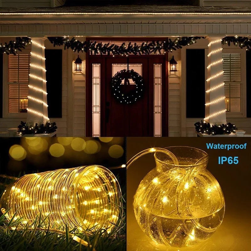 300LED Solar Powered Rope Strip Light, Solar-powered rope light with modern style, water-resistant, and includes LED bulbs and dimmer option.