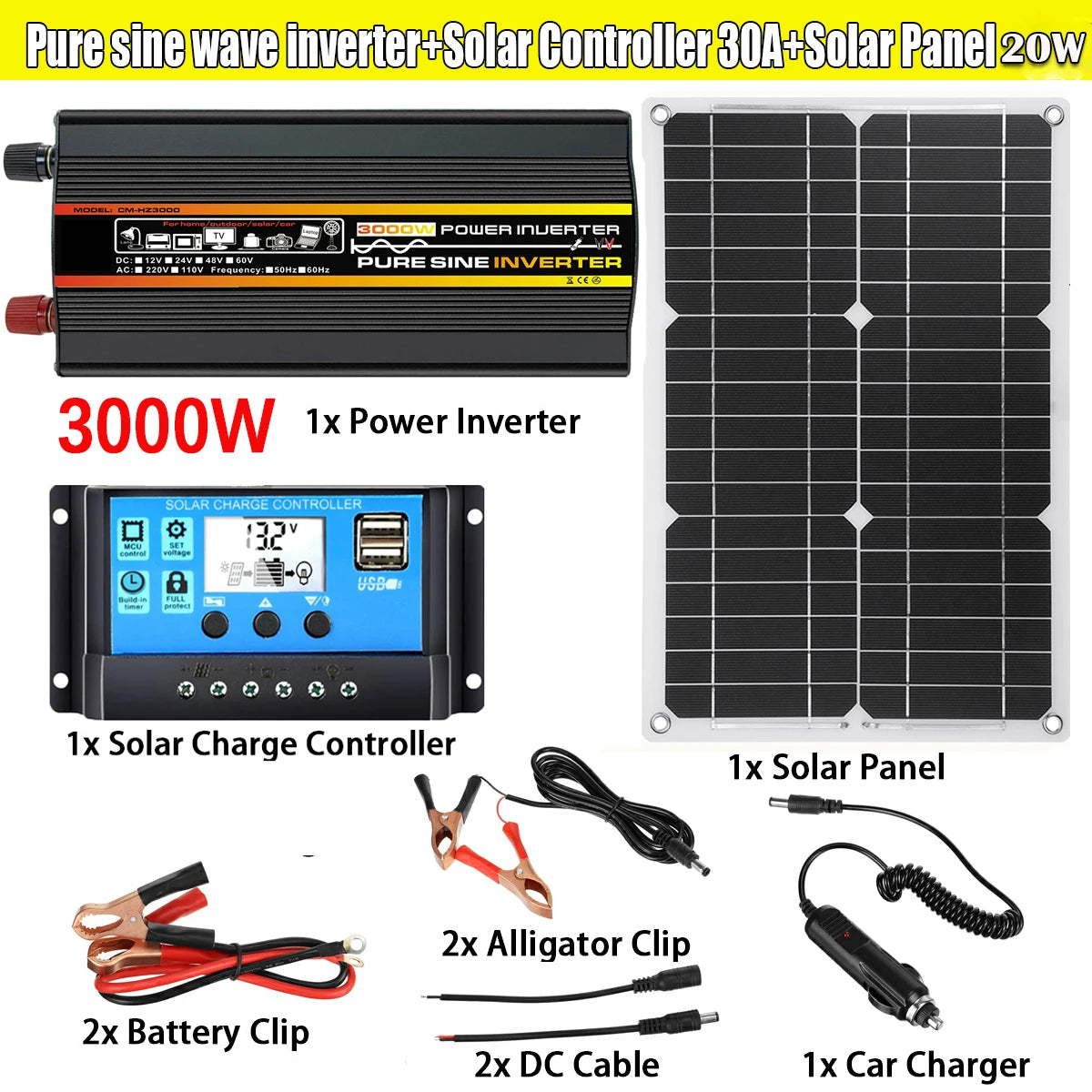 Complete kit includes inverter, solar controller, solar panels, and accessories for powering AC devices up to 220V.