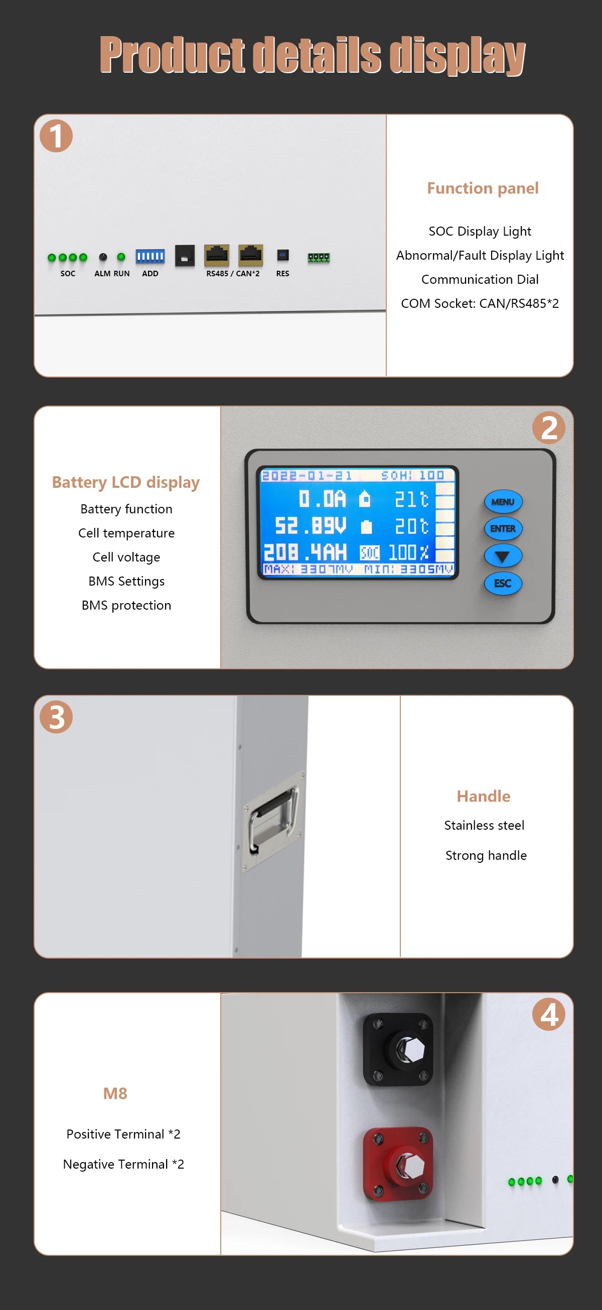 High-performance LiFePO4 battery for solar power systems with built-in BMS and parallel connectivity.