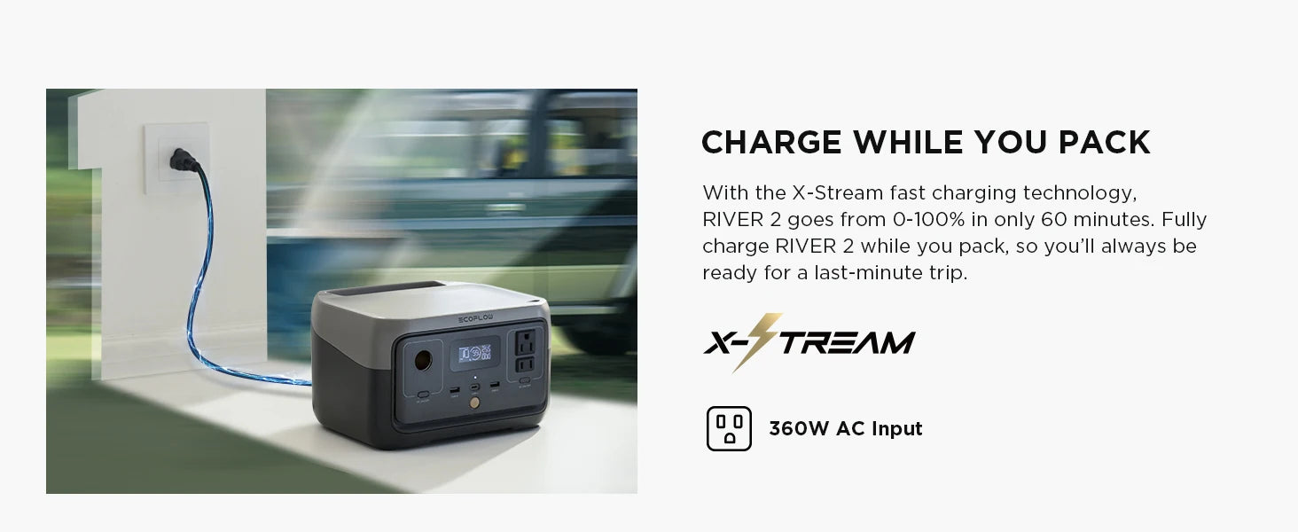 EcoFlow's X-Stream tech charges RIVER 2 power station from 0 to 100% in 60 minutes.