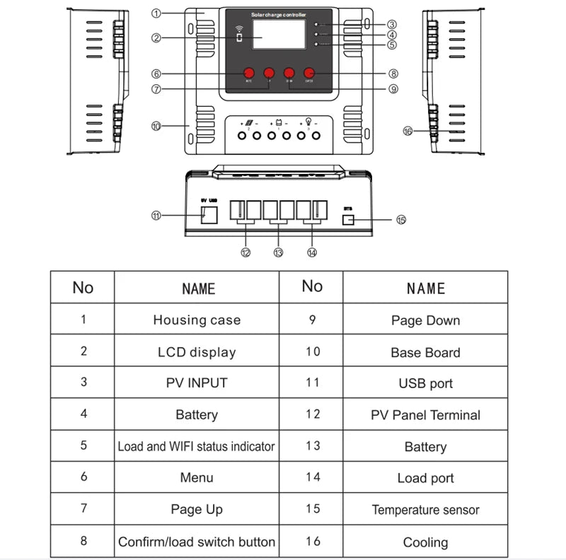 WiFi APP Control Solar Charge Controller, Compact solar charge controller with LCD display, USB, and battery terminals, featuring temperature sensor and navigation buttons.