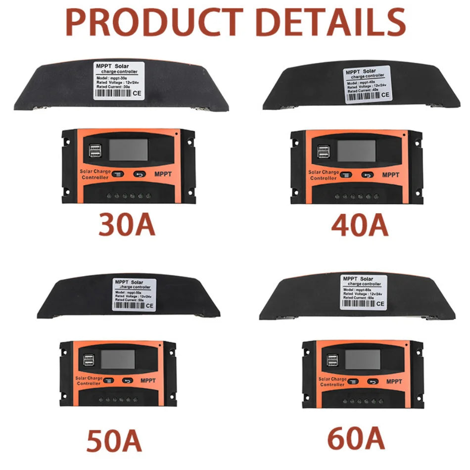 30A/40A/50A/60A MPPT Solar Charge Controller, Solar charge controller with adjustable current/voltage, USB ports, and LCD display for monitoring charging status.