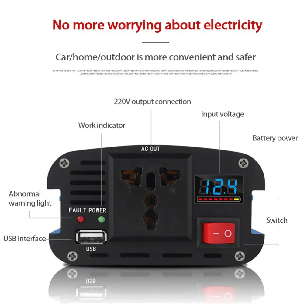 Solar Inverter with 12V/24V input, 220V output, pure sine wave, LED display, and dual USB charging ports.