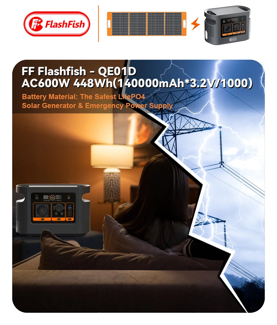 FF Flashfish QE01D, Portable Solar Generator with 448Wh capacity and pure sine wave UPS for reliable emergency power supply.