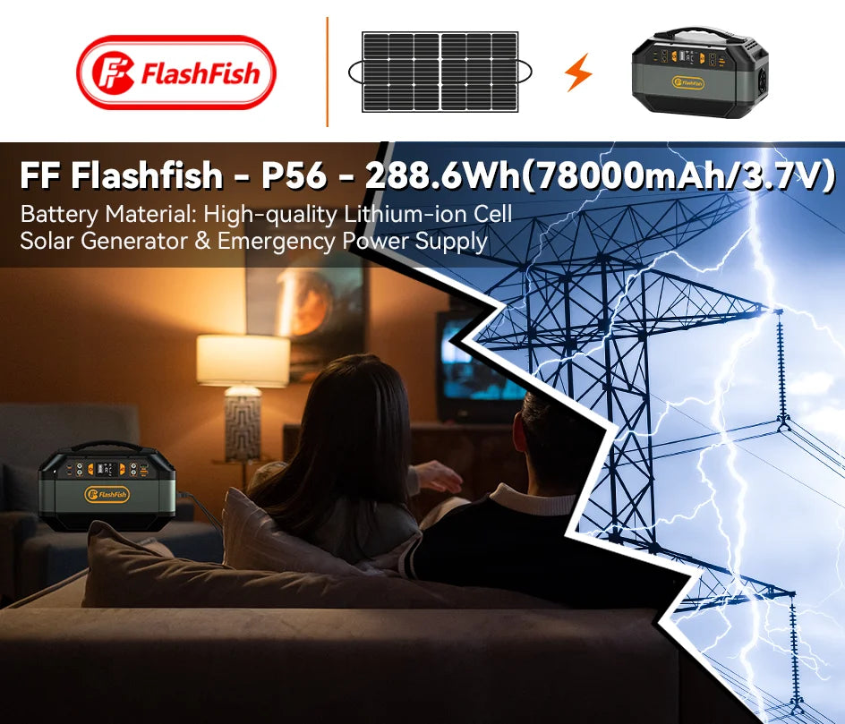 FF Flashfish P56 Solar Generator, Compact solar generator with 288.6Wh capacity and lithium-ion cells.