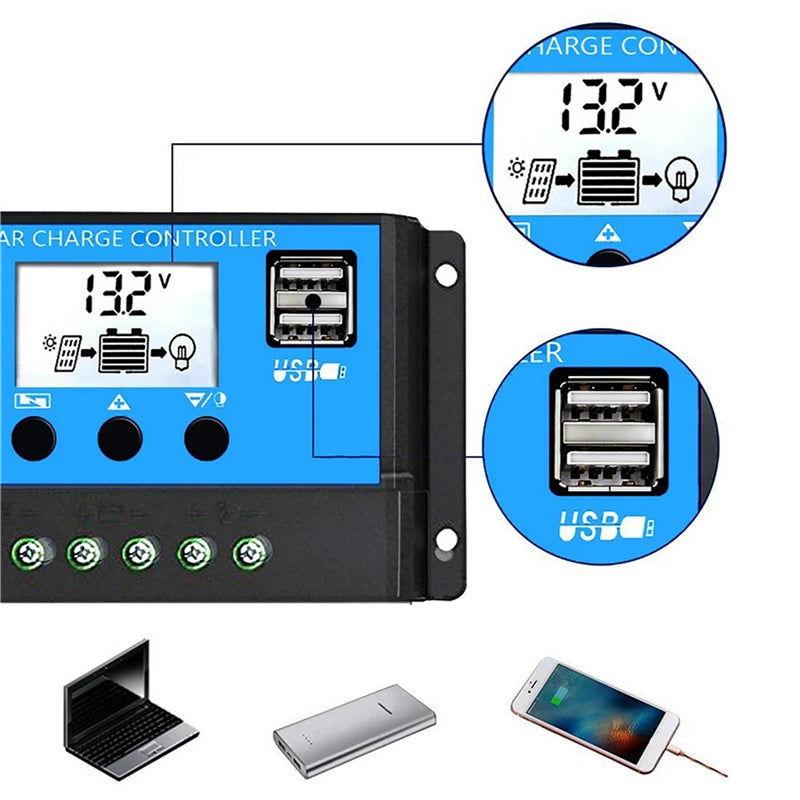 Large capacity solar charge controller with USB interface for easy charging and monitoring.