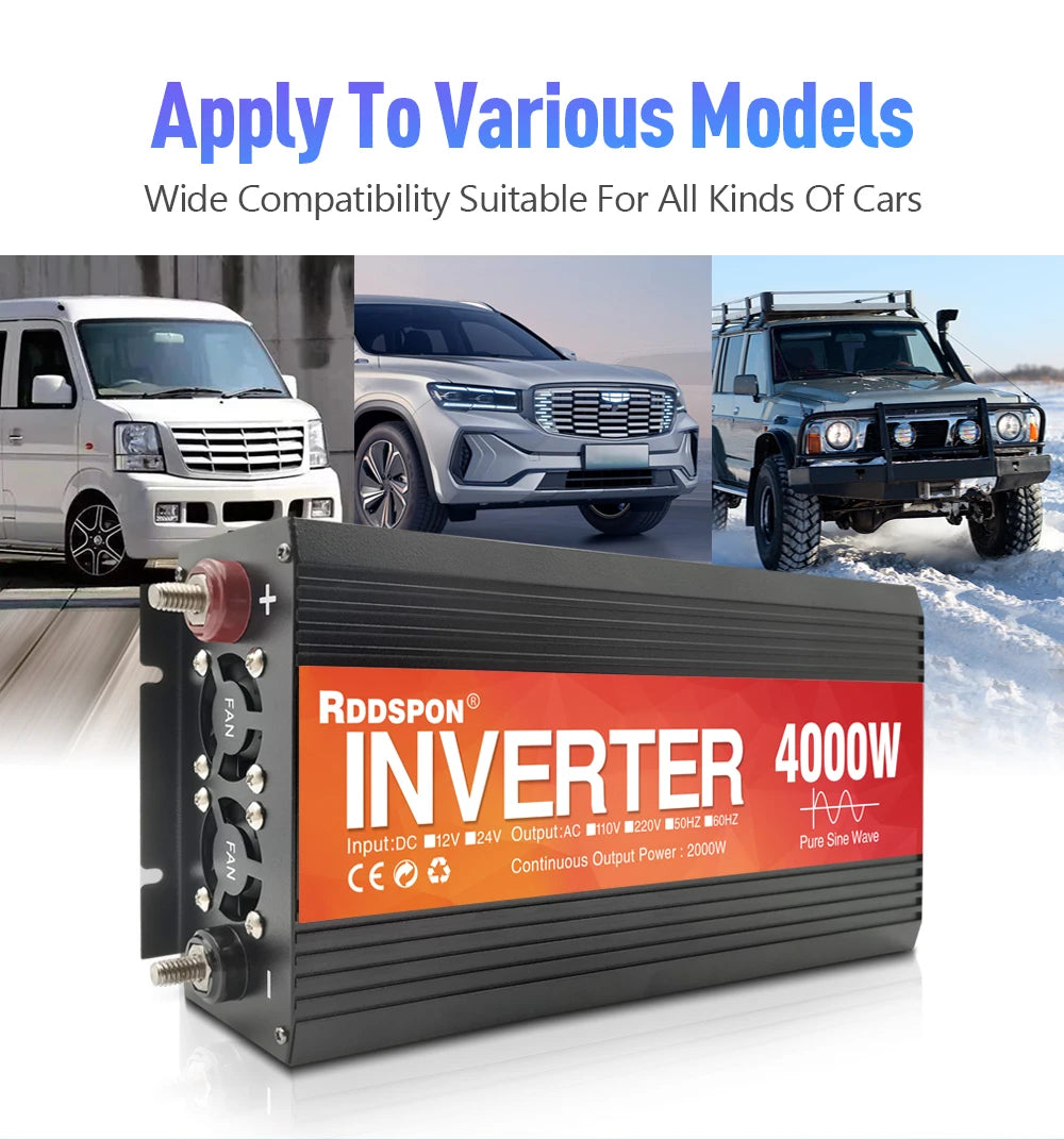 1000W-4000W Pure Sine Wave Inverter, Pure sine wave inverter for various car models, handles 12V/24V input and outputs 220V at 50Hz.
