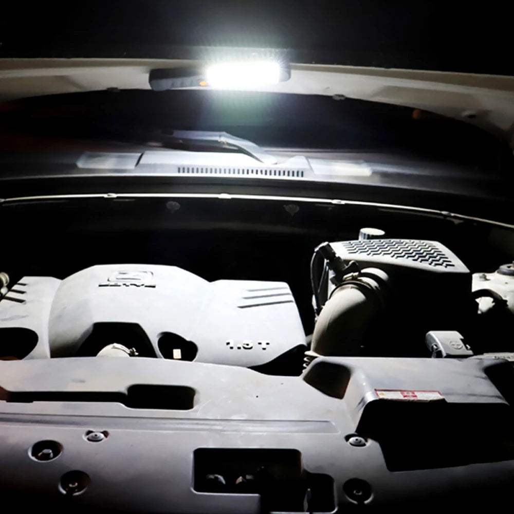 LED Flashlight, Portable LED spotlight with magnetic base and rechargeable COB design for car repair, outdoor use.