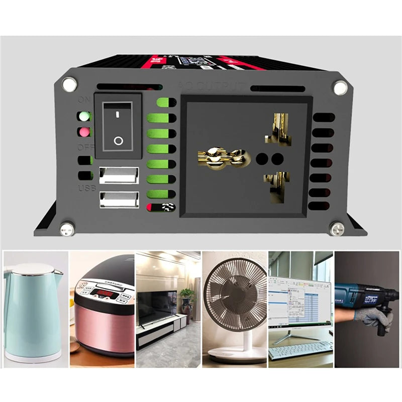 4000W LCD Display Solar Power Inverter, Inverter with 1 AC outlet and 2 USB ports charges multiple devices.