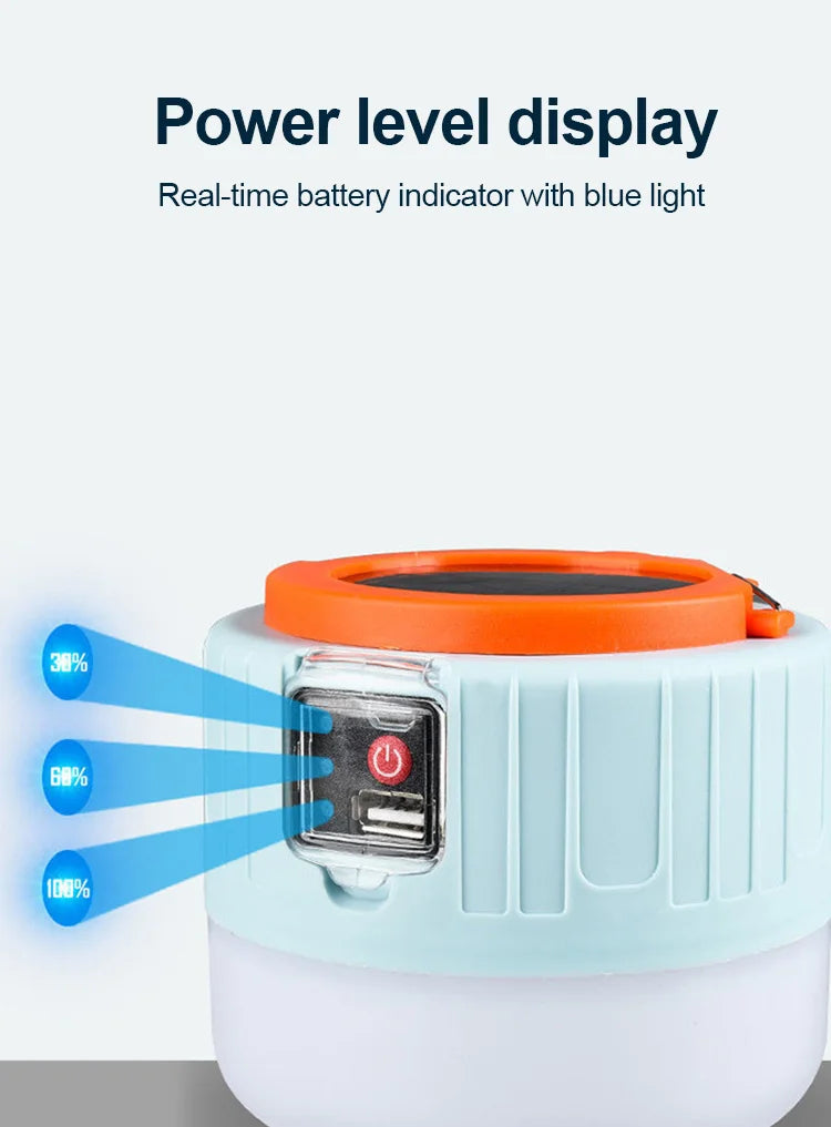 Solar LED Camping Light, Real-time power level display shows battery status with a blue light indicator (30%).